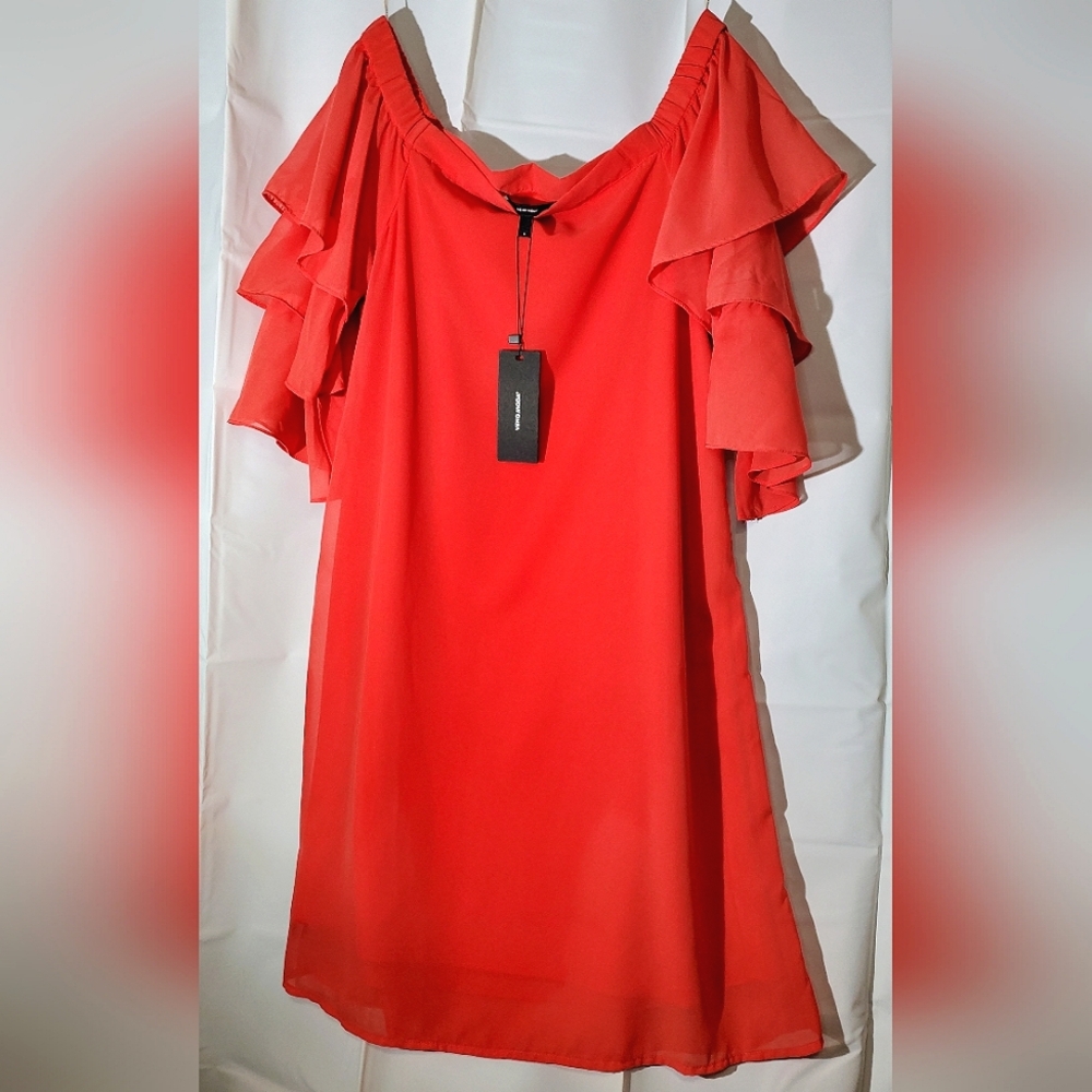 NWT Vero Moda "Poppy Red" Off The Shoulder Short Dress, Layered Sleeves - Small